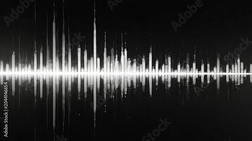A glowing digital audio waveform on a dark black background