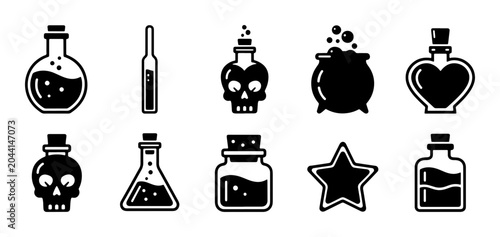 Konstfotografi Witchcraft Potion Icons, Halloween Bottle Symbols, Magic Elixir Vector Set