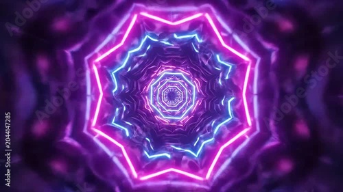 A glowing neon tunnel with vibrant purple and blue light patterns