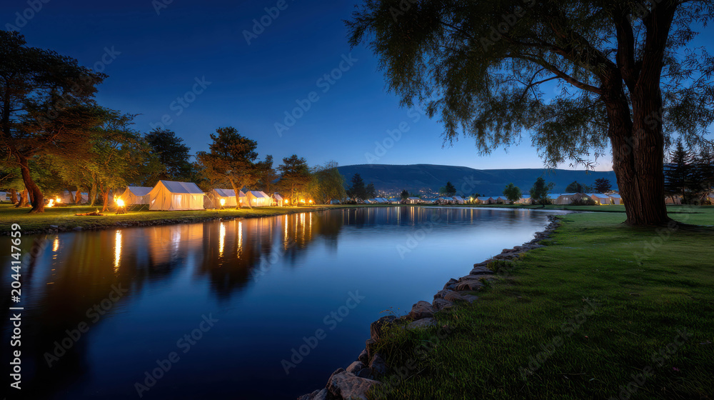 Fototapeta premium A tranquil lakeside resort at dusk, with illuminated cabins reflected in the calm water and a large tree silhouetted against the twilight sky