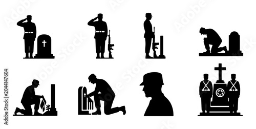 Canvas Print Military Memorial Silhouettes, Soldier Saluting Gravestone, Remembrance Icons, F