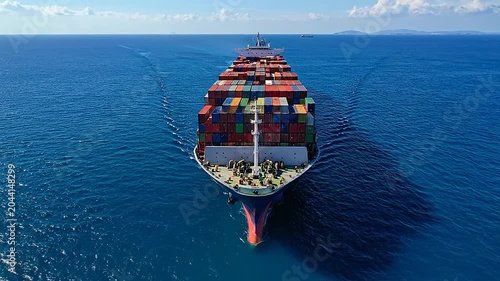 A large cargo ship travels across the deep blue open ocean