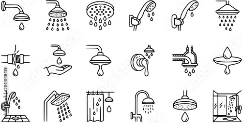 Bild auf Leinwand Black and white line art icons set of shower and water symbols for bathroom, plu