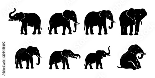 Fotografi Set of 8 Black Silhouette Elephant Icons, African and Asian Wildlife Vector Grap