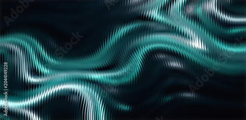 A vibrant abstract image featuring wavy teal and white lines on a dark background