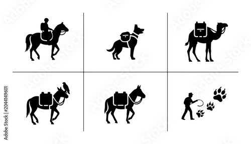 Bild auf Leinwand Animal Transportation Icons: Horse, Camel, Donkey, Dog, Rider, Pack Animals, Sil