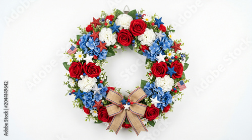 ​Patriotic 4th of July floral wreath with red white blue flowers and burlap bow