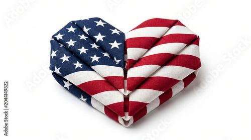 Patriotic heart shaped American flag fabric isolated on white background
