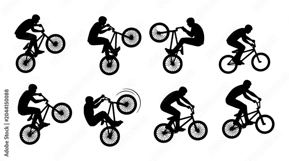 Fototapeta premium BMX Bicycle Stunt Silhouettes, Extreme Sports Action Poses, Dynamic Cycling Tricks, Vector Graphic Set