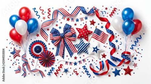 A festive tabletop flat lay composition of American patriotic party decorations featuring a large US flag bow