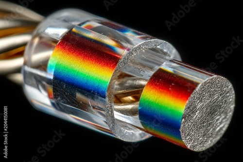 Macro close-up of a cable connector end revealing a vibrant rainbow spectrum on the metallic pins inside a clear casing.