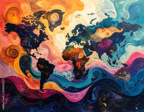 A vibrant abstract world map with swirling colorful patterns and fluid shapes