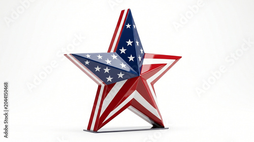 A glossy 3D rendering of a five-pointed star decorated with the United States flag pattern of stars and stripes, standing on a subtle base and isolated on a clean white background.
