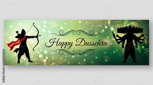 Vector illustration of Happy Dussehra greeting, Indian festival, Lord Rama holding bow and arrow in hands killing Ravana, fireworks, danglers, beautiful bokeh background.