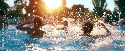 People splashing water while swimming in a pool during summer sunset  
