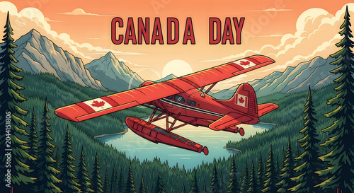 Canada day celebration illustration featuring a red bush plane flying over a scenic canadian landscape with mountains, evergreen forests, and a lake at sunset