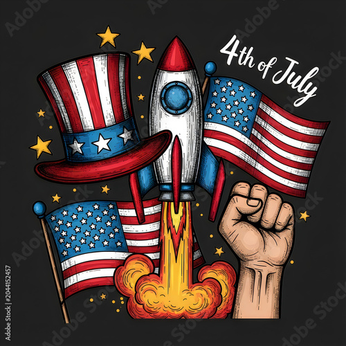 4th of july celebration illustration with patriotic top hat, american flags, rocket launch, and raised fist on dark background