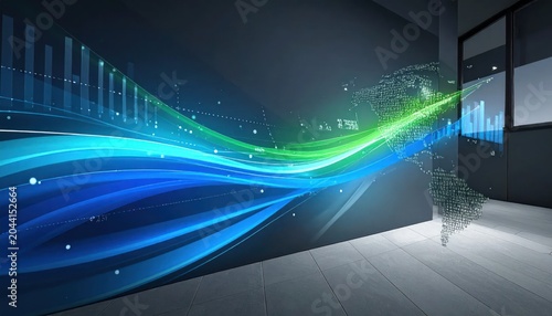 Abstract glowing green and blue light waves in dark space.