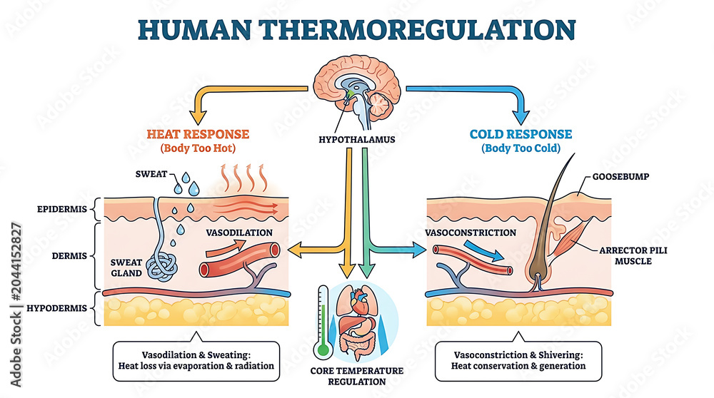Naklejka premium Human thermoregulation diagram showing body temperature regulation