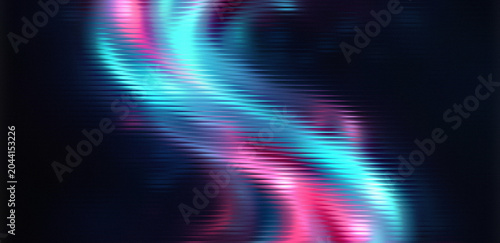 A vibrant abstract image featuring glowing blue and pink neon lights on a dark background