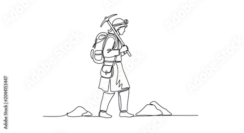 Foto Miner with pickaxe and backpack walking through rocky terrain, outline illustration