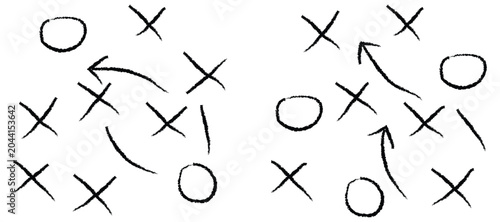 Hand drawn football plays vector illustration featuring soccer game strategy tactics with X and O scheme symbols
 and dashed arrows for coach chalkboard design.