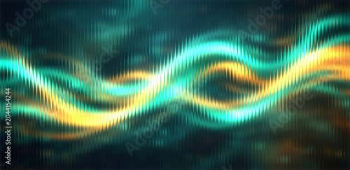 A vibrant and dynamic abstract image featuring glowing waves of light in shades of blue, green, and yellow.