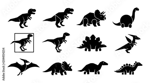 Foto Dinosaur Icons Set, Prehistoric Reptile Silhouettes, Jurassic Era Creatures Vect