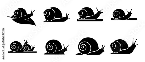 Photos Snail Icons Set, Black Silhouette Vector Graphics, Gastropod Movement Illustrati
