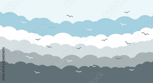 Tableau sur toile Layered abstract sky with clouds and birds in blue and grey tones, vector illustration