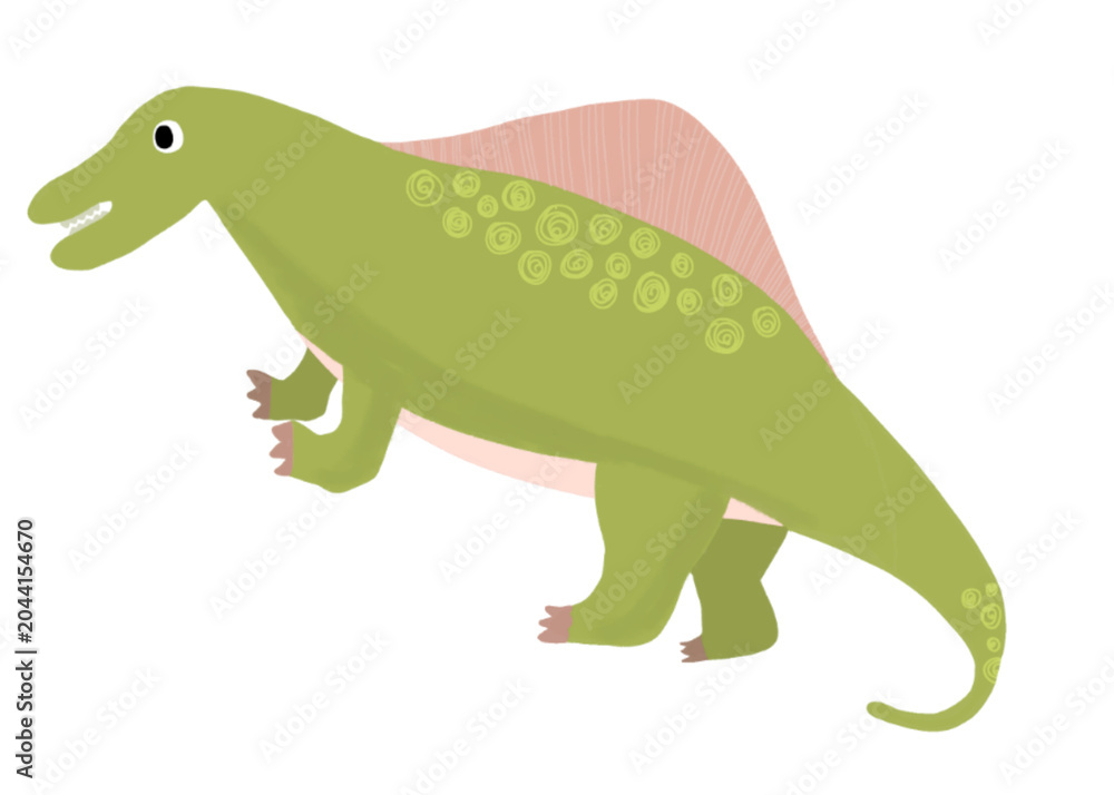 Fototapeta premium Adorable hand-drawn cartoon dinosaur character with a friendly smile, small arms, sharp teeth, and playful design. This cute prehistoric reptile illustration is isolated on a transparent background