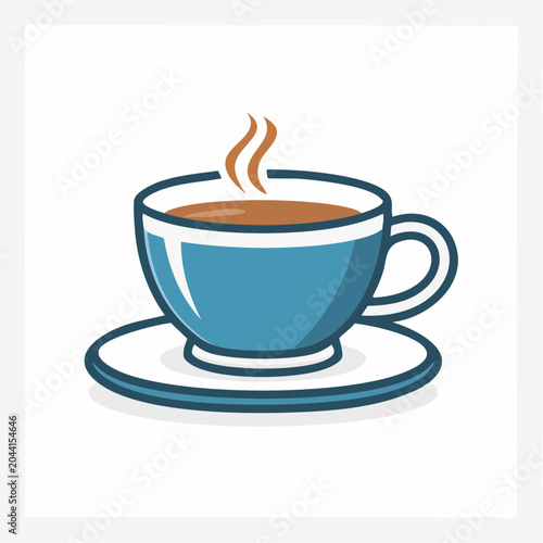 Blue coffee cup with steam on saucer