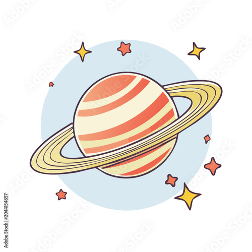 Cartoon planet with rings and stars