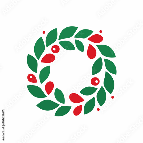 Christmas Wreath Icon with Green Leaves and Red Berries