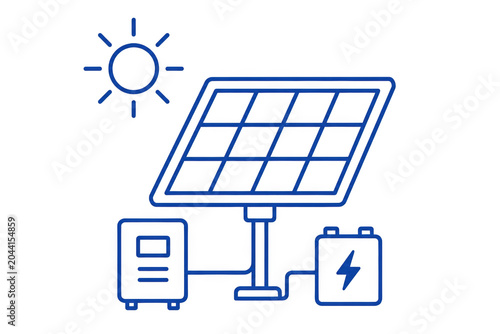 Solar Energy System: An illustration of a solar energy system with solar panels, a battery, and an inverter under a bright sun, representing renewable power generation.