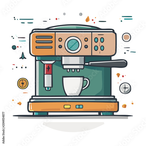 Flat design illustration of an espresso machine with a coffee cup