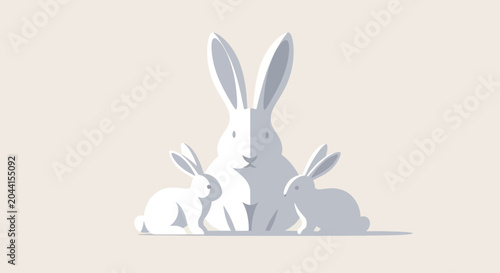 Cuadro en lienzo Vector illustration of a family of three stylized white rabbits with long ears on a neutral background