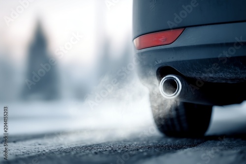 Modern car exhaust pipe emitting thick white smoke into the cold,snow  winter air during a chilly morning commute captured with a shallow depth of field focus
