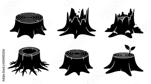 Bild auf Leinwand Set of Six Black Silhouette Tree Stumps, Forest Remnants, Wood Cutouts, Nature E