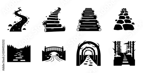 Bild auf Leinwand Diverse Path and Pathway Vector Icons Set: Garden Trails, Forest Steps, Stone Br