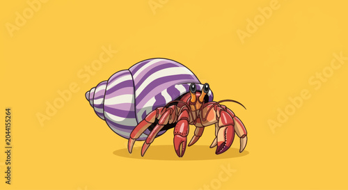 Schilderij op canvas Cartoon hermit crab with purple striped shell walking on yellow background, isolated graphic element