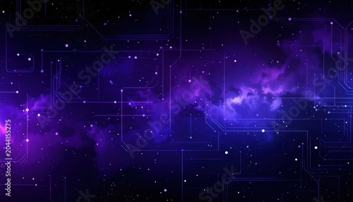 Abstract purple digital network and space nebula overlay.