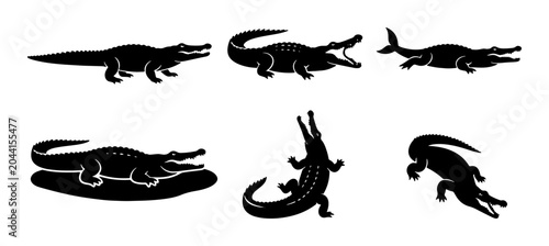 Foto Black Crocodile Vector Silhouettes, Reptile Icon Set, Wild Animal Poses, Aquatic