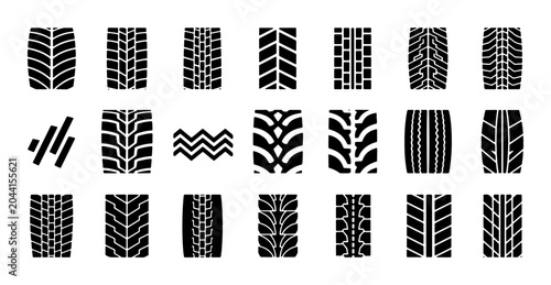 Konstfotografi Diverse Tire Tread Patterns Collection, 25 Black Vector Icons for Automotive Des