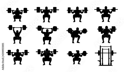 Cuadro en lienzo Weightlifting Icons Set, Strength Training Silhouettes, Barbell Exercises Collec