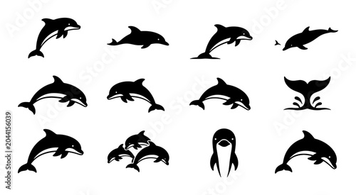Bild auf Leinwand Dolphin Silhouettes Vector Pack: Aquatic Mammal Poses, Ocean Life Icons, Marine