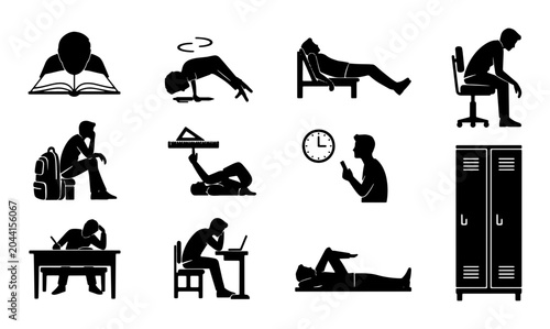 Fotografi Collection of 12 Vector Icons Depicting Boredom, Idleness, and Lethargy, Includi