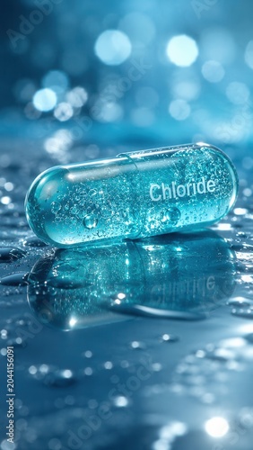 Blue capsule labeled chloride sits on a wet surface surrounded by bokeh lights reflecting from a smooth background during a close-up shot taken in a bright setting
