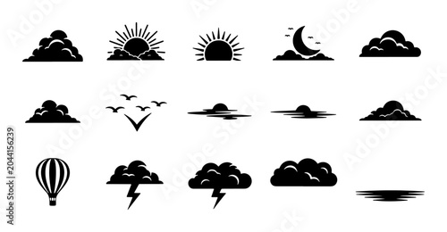 Fotografija Vector Icons Set: Celestial Bodies, Weather Phenomena, Hot Air Balloon, Birds in