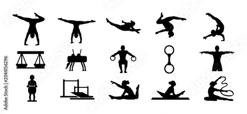 Foto Gymnastics Icons Set, Silhouette Athletes Performing Various Artistic Gymnastics